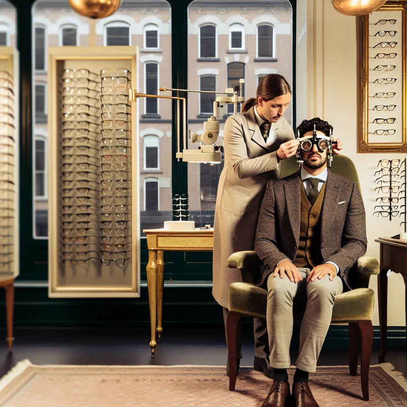 Opticien meet het zicht van een klant in een elegante optiekwinkel met verschillende brillen en een comfortabele fauteuil.