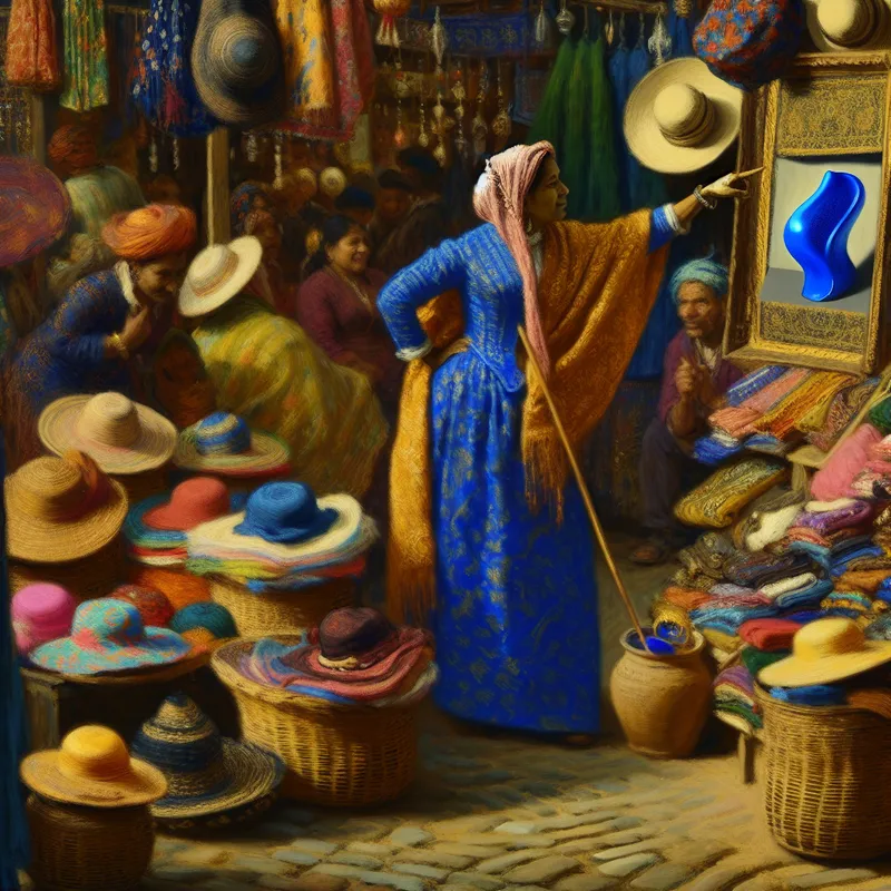 Levendige marktscène in de stijl van Frans Hals met persoon die een blauwe optie aanwijst tussen kleurrijke voorwerpen