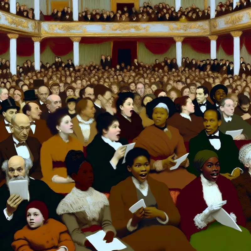 Een theater vol publiek kijkt naar het podium terwijl het gordijn opent