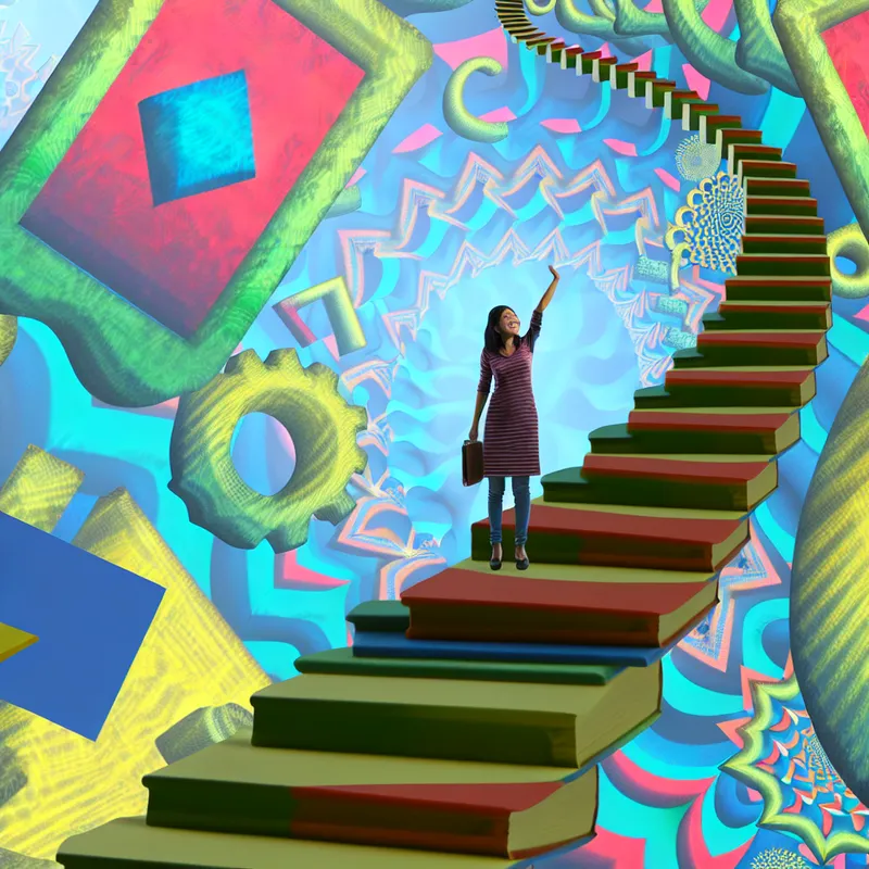 Een optimistische persoon staat op een eindeloze trap omringd door abstracte geometrische patronen en optische illusies, reikend naar succes.