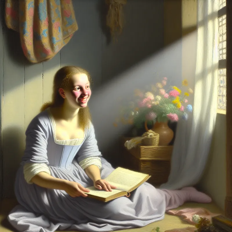 Een jonge vrouw in een pasteljurk zittend bij een raam, omringd door bloemen en met een open boek op schoot, straalt optimisme en vreugde uit.