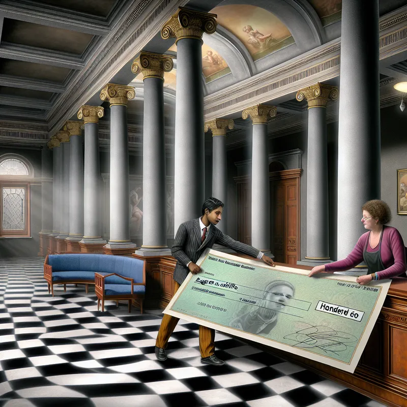 Opulent bankhal met Romeinse zuilen en geblokte marmeren vloer, met kassier die een sierlijke cheque aan klant presenteert