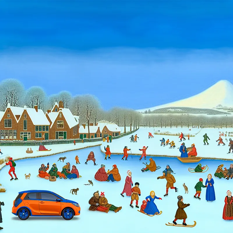 Een kleurrijke winterse scène met een opvallende auto geparkeerd op een drukbezocht bevroren meer, omringd door mensen die schaatsen, sleeën en warme dranken genieten.