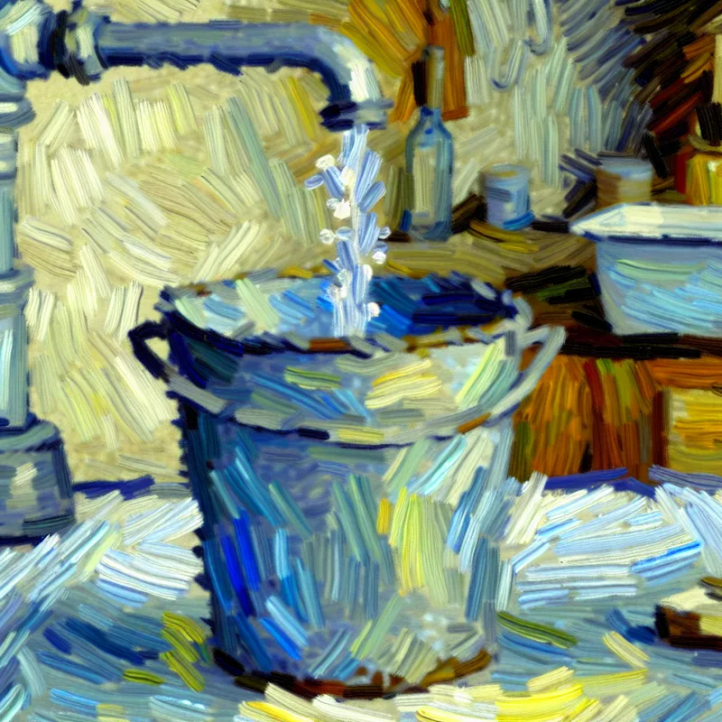 Vincent van Gogh-stijl schilderij van een metalen opvangbak (boot) onder een lekkende kraan met vallende waterdruppels in een eenvoudige keuken