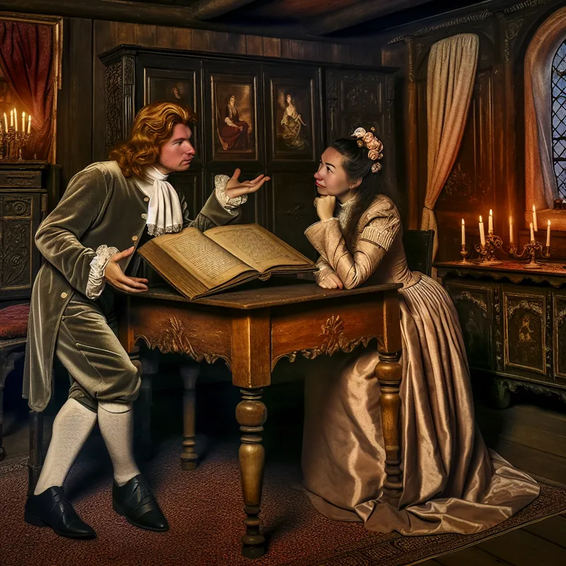 Twee personages in vintage kleding bespreken aandachtig een detail in een oud boek aan een houten tafel in een sprookjesachtige kamer, illustrerend het concept 'op dat punt of in die kwestie'
