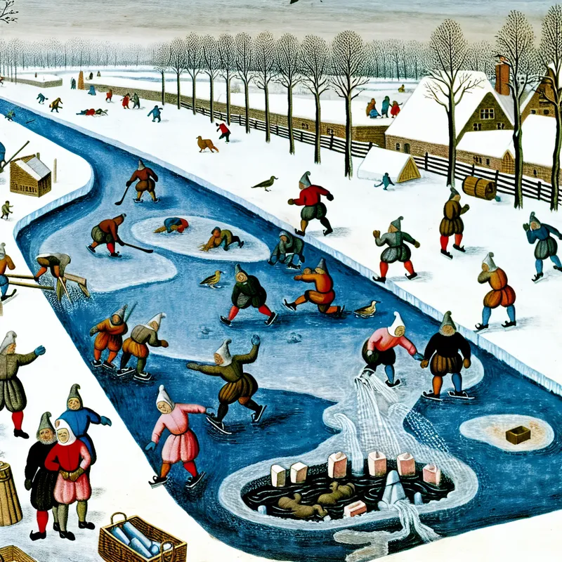 Grote spons zuigt water op van smeltend ijs in een levendige winterse scène met schaatsers, geïnspireerd op Hendrick Avercamp