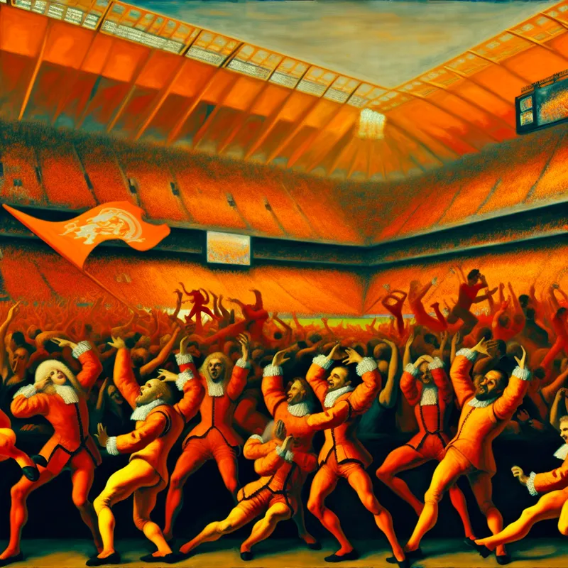 Een levendige viering van fans in een stadion, gekleed in oranje en juichend voor het Nederlandse voetbalteam.