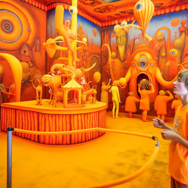 Een levendige oranje kamer vol fantasierijke wezens die een feest vieren