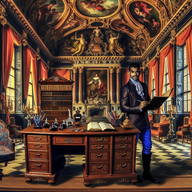 Barokke studeerkamer met een georganiseerde houten bureau, boeken, documenten en een tevreden persoon die een grootboek vasthoudt, symboliserend orde en netheid