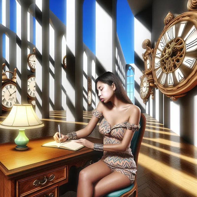 Een jonge vrouw schrijft in een vintage agenda aan een grote, uitbundige houten bureau in een zonnige kamer vol surrealistische elementen.