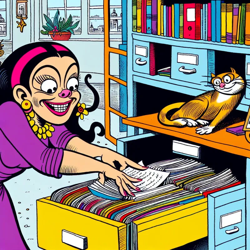 Cartoon van een jonge vrouw die een kleurrijke dossierkast organiseert met papieren documenten.