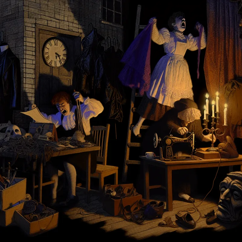 Chaotische maar toegewijde backstage-scène van een schooltoneelstuk, met een leraar die scripts vasthoudt, een leerling die een kostuum naait bij kaarslicht, en verspreide rekwisieten zoals maskers en zwaarden