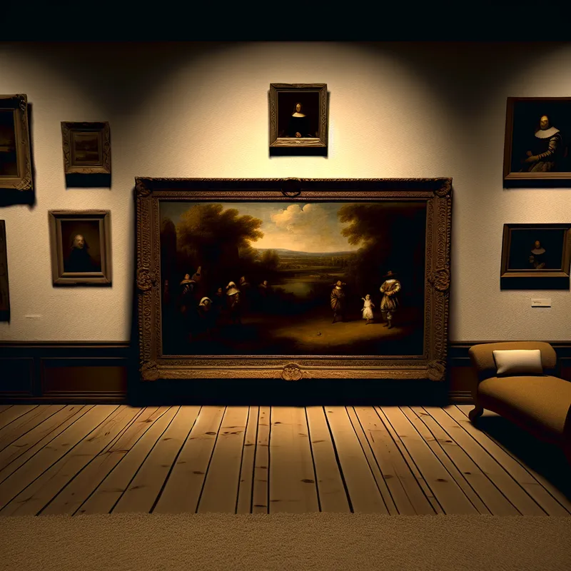 Groot, rijk geornamenteerd schilderij van een serene landschap, gehangen op een living room muur met kleinere foto's eromheen.