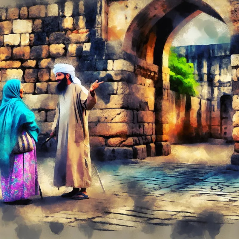 Oud echtpaar dat rustig wandelt door een oude stadspoort met weerbarstige stenen muren op de achtergrond.