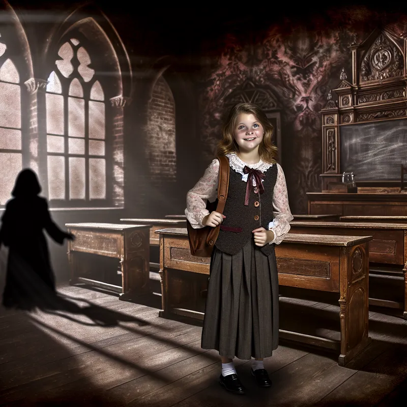 Een zelfverzekerd twaalfjarig meisje in vintage schoolkleding staat voorin een duistere, gotische klaslokaal met een rugzak, omringd door oude houten bureaus en een krijtbord, terwijl schaduwfiguren haar angsten vertegenwoordigen.