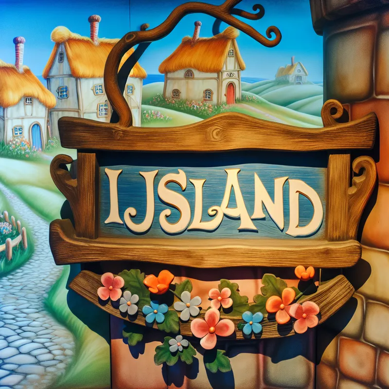 Een handgeschilderd houten bord met de tekst 'IJsland' in een pittoresk dorpje met vintage huisjes en kleurrijke bloemen