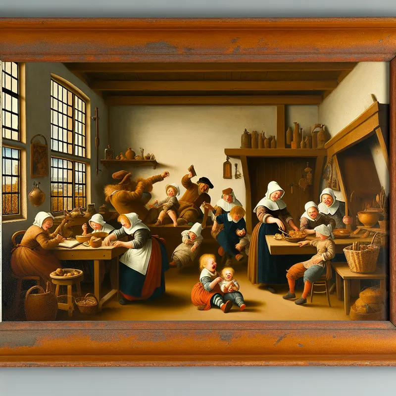 Een oud houten raamwerk rondom een stuk glas in een drukke woonkamer met een gezin dat bezig is met lezen, koken en spelen.