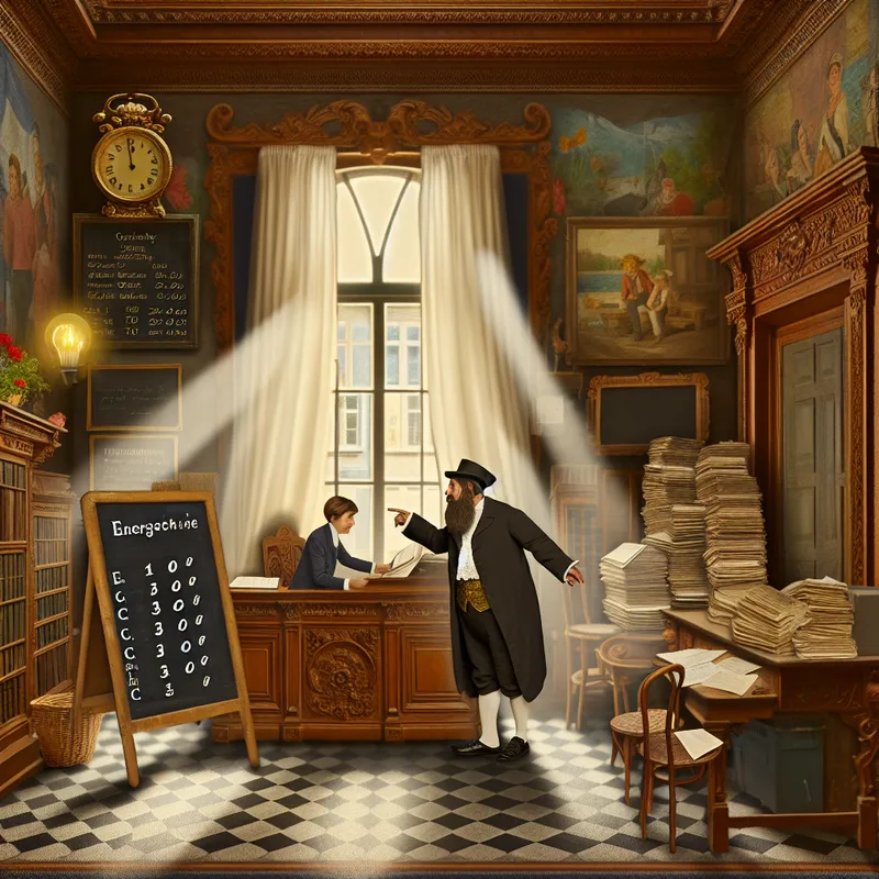 Oude kantoorruimte van de Belastingdienst Energie en Stroom, met een vriendelijke ambtenaar en een geïnteresseerde klant.