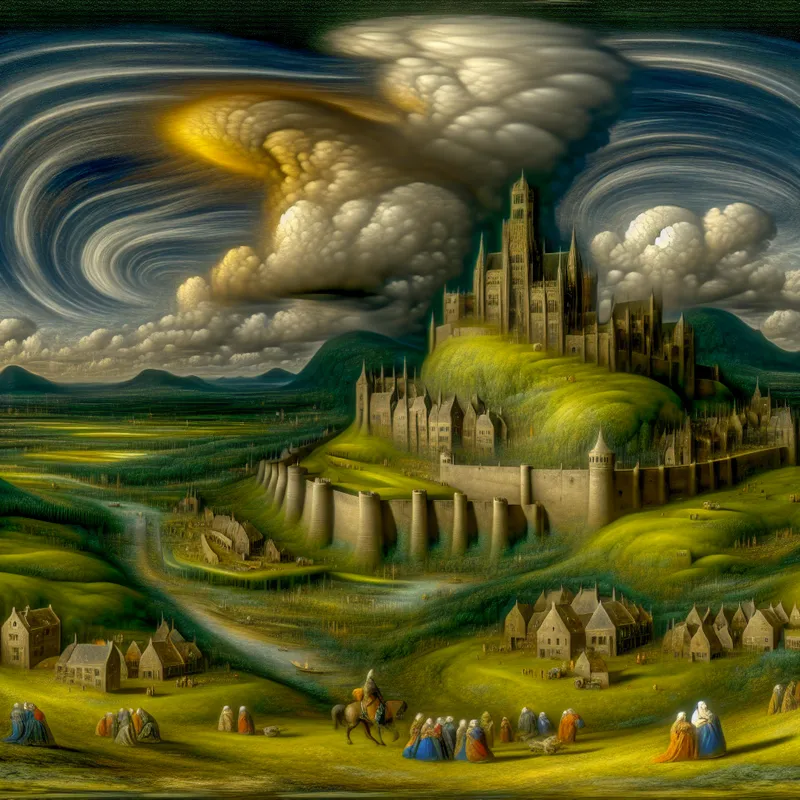 Een prachtig landschap met een oud kasteel op een heuvel, omringd door groene velden en dramatische luchten.