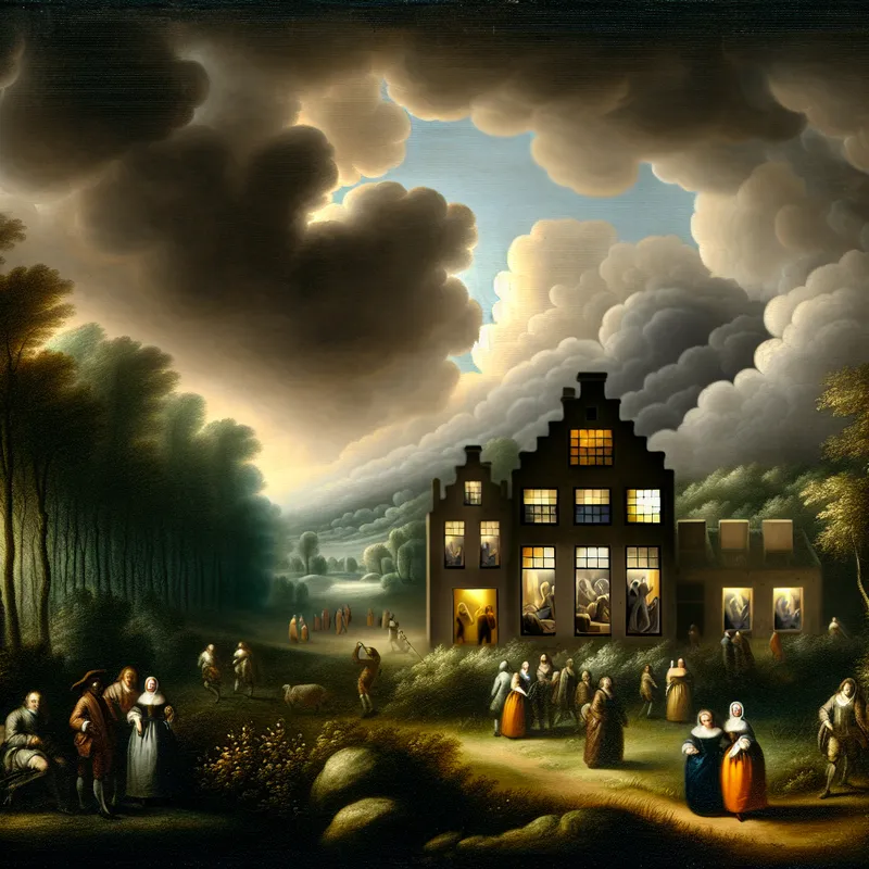 Oude mysterieuze huis onder een stormachtige lucht met nieuwsgierige mensen die voorzichtig naderen.