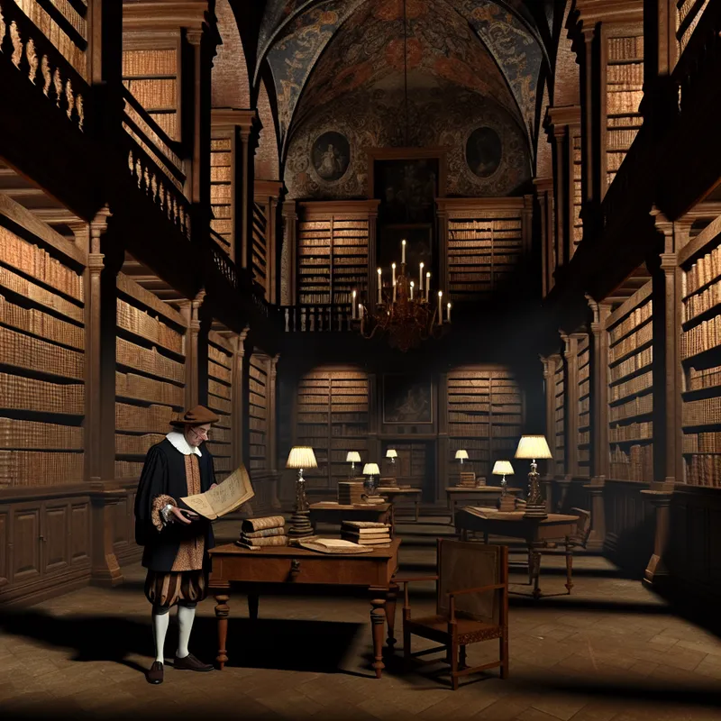 Een scholar in periode kleding bestudeert een oud manuscript in een sfeervolle, dim verlichte bibliotheek vol met oude boeken.