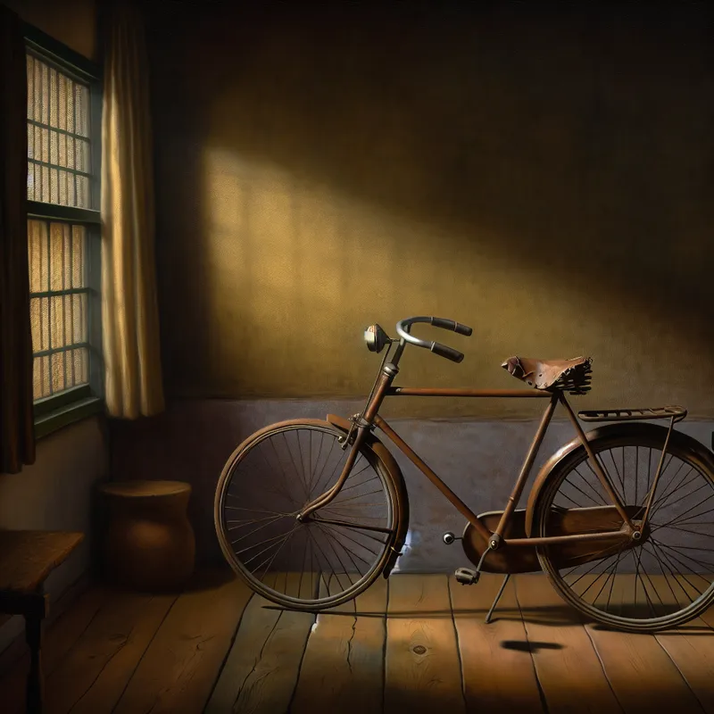 Oude roestige fiets tegen houten muur in sfeervolle Vermeer-stijl interieur met zacht licht en nostalgische sfeer