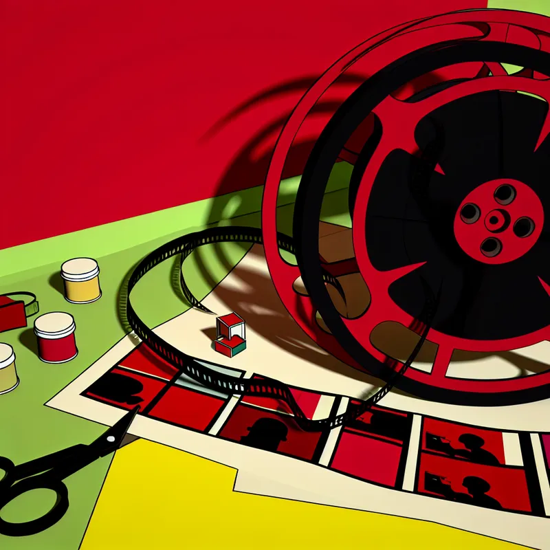 Minimalistische illustratie van een oude filmrol op een tafel met een ontwinden filmstrip, vergezeld van schaar en knutselbenodigdheden.