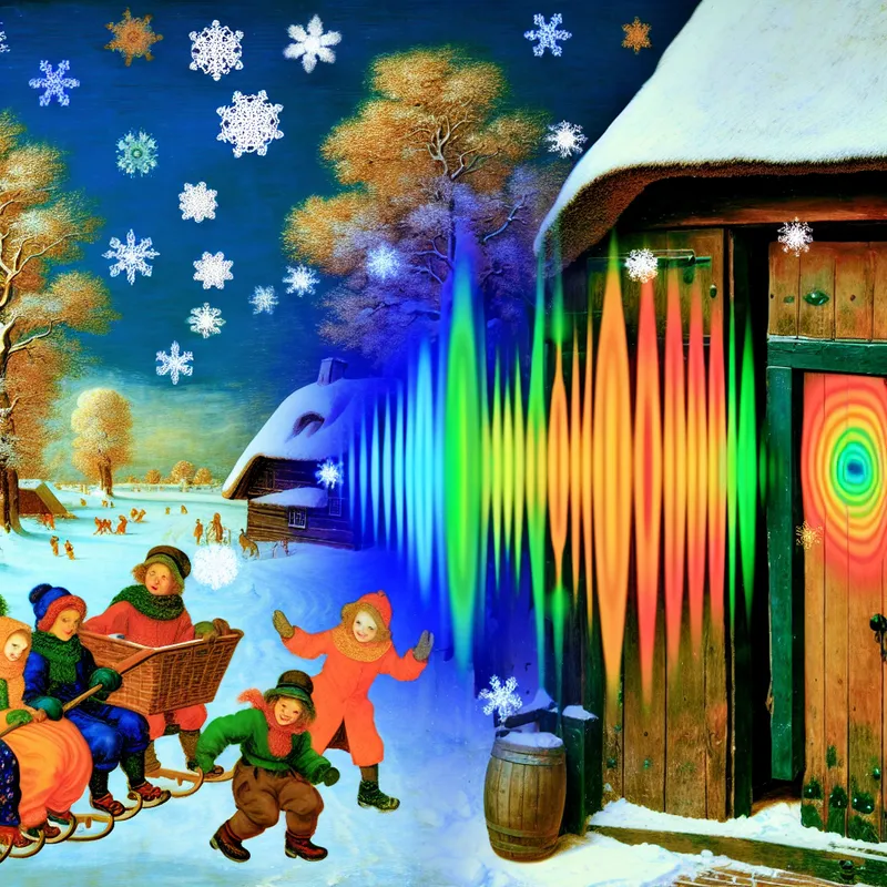 Oude houten deur in een rustieke cabin die een zacht piepend geluid maakt, omringd door sneeuw en spelende kinderen.