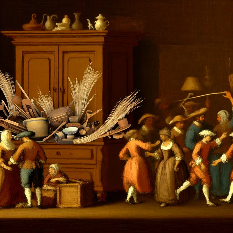 Een oude houten kast met fijne haartjes die het oppervlak bedekken, in een levendige scène geïnspireerd door Jan Steen.