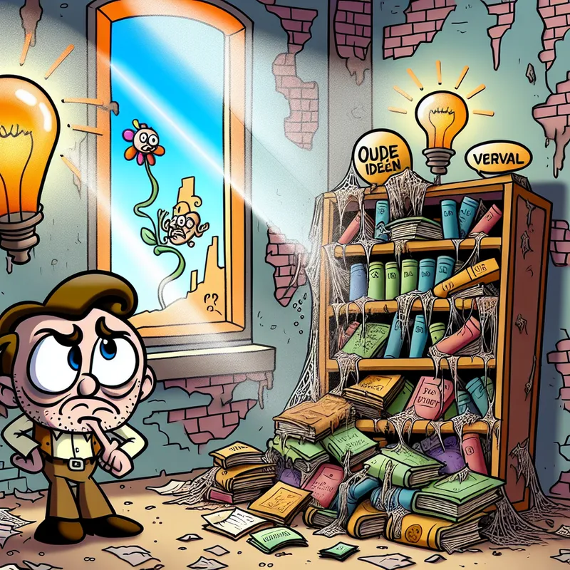 Een cartoon van een onderzoeker die teleurgesteld kijkt naar een oude boekenkast vol verwaarloosde boeken en een verwelkt bloemenpotje.