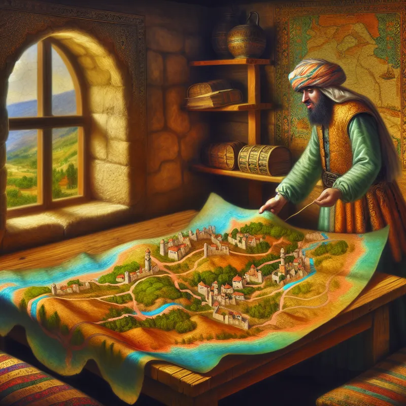 Persoon studeert een oude kaart op een houten tafel