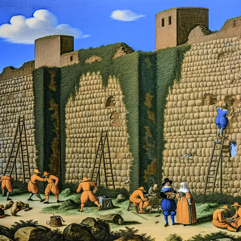 Levendige scène van een oude kasteelmuur met klimop en verweerde stenen, omringd door historische figuren die interactie hebben.