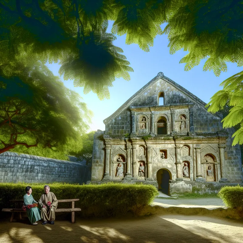 Een oude kerk uit de 12e eeuw, omringd door groene bomen, met een ouder echtpaar op een bank die naar de kerk kijkt.