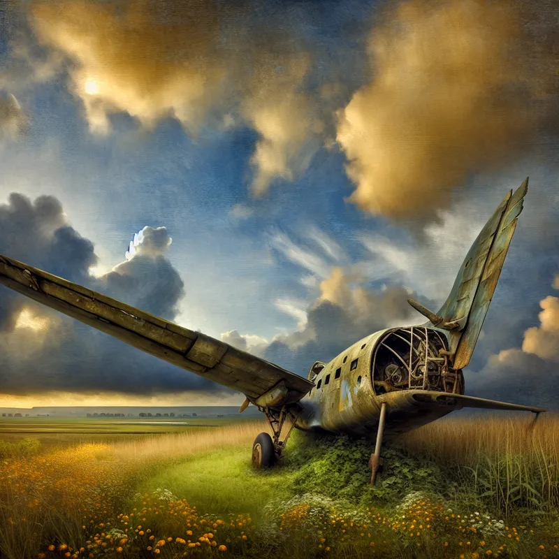 Abandoned oud vliegtuig in een weids landschap met dramatische lucht, nostalgisch en verweerd