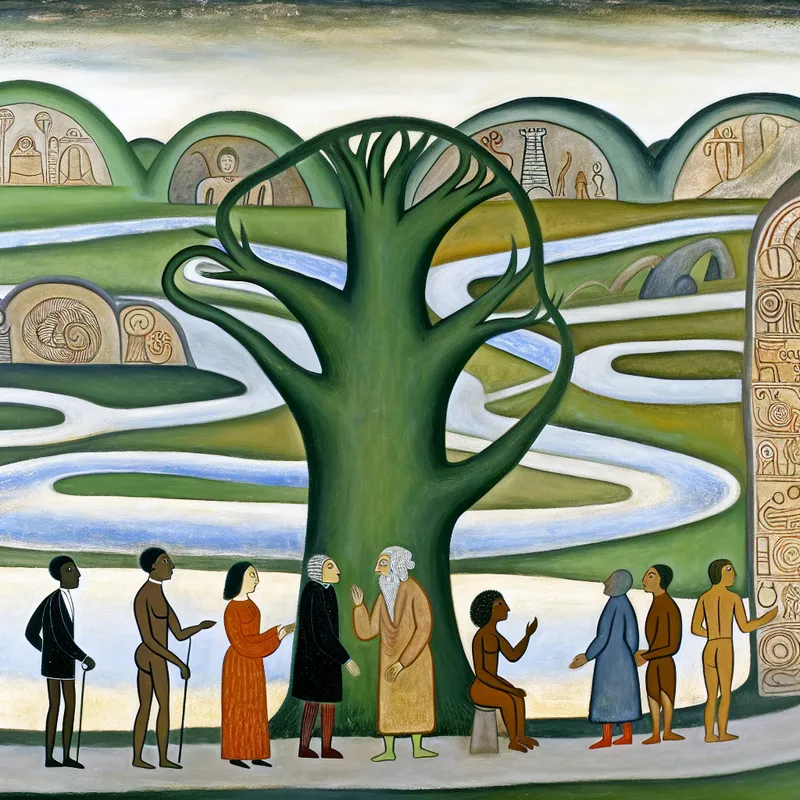 Een kleurrijke illustratie van een oude, majestueuze boom met historische symbolen in een bescheiden landschap.