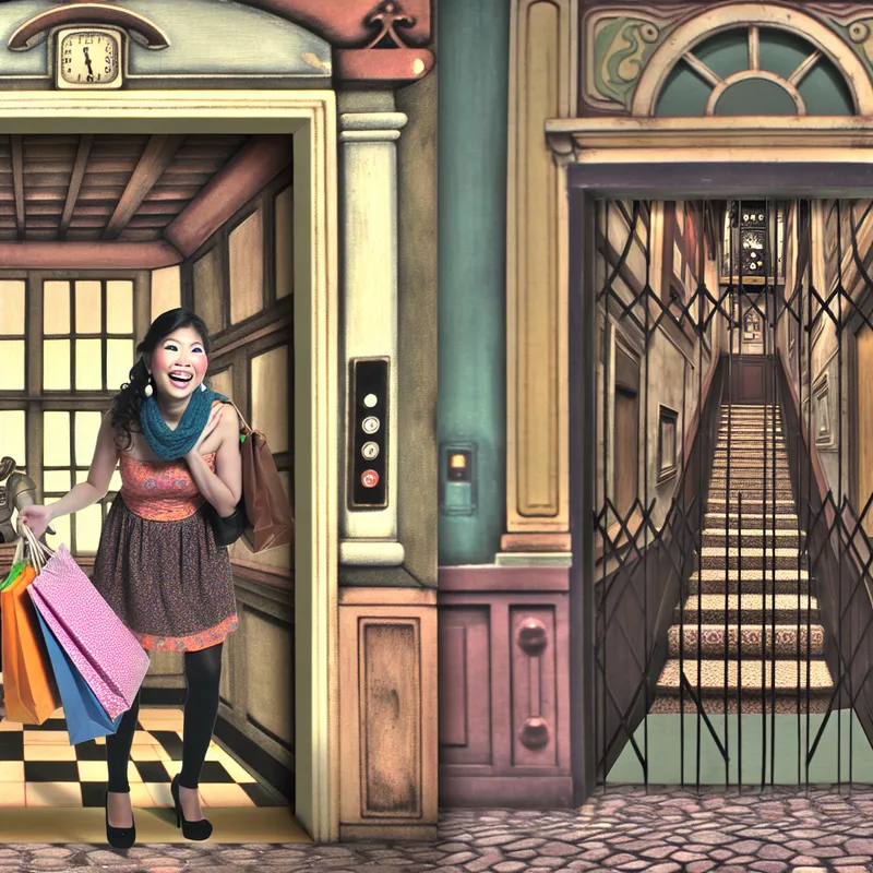 Gezellige jonge vrouw plaatst zware boodschappentassen in een oude lift in een prachtig gebouw.