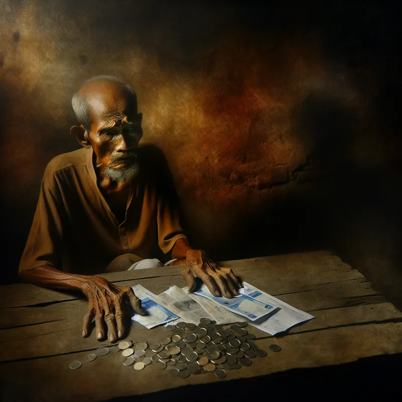 Oudere man met financiële zorgen aan een donkere houten tafel, omringd door onbetaalde rekeningen en munten, in Rembrandt-stijl met dramatisch clair-obscur