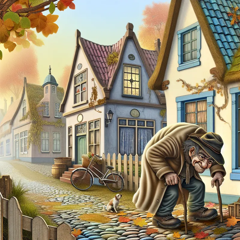 Oude man sleept moeizaam over een cobblestone straat, omringd door kleurrijke huizen en herfstbladeren.