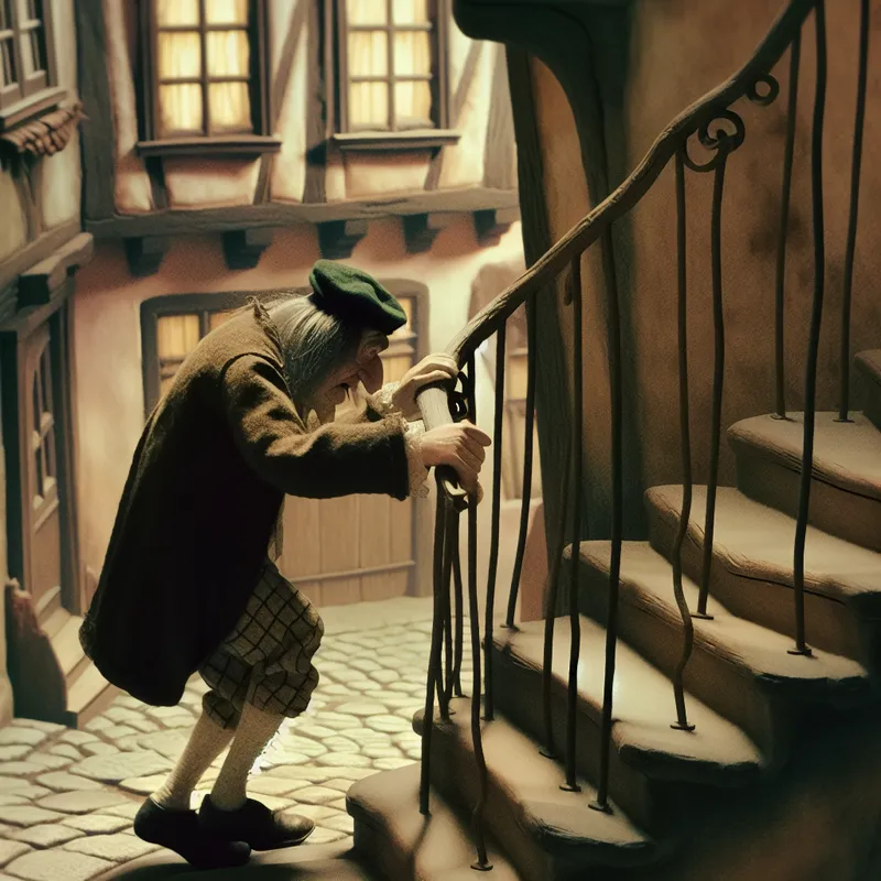 Oude man sukkelt moeizaam een smalle, kronkelende trap op in een nostalgisch Europees stadje met antieke details