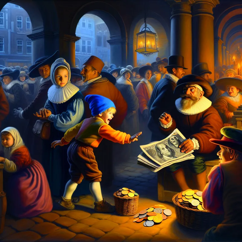 Een kind geeft drie glanzende oude Nederlandse munten (duiten) aan een krantenverkoper in een levendige marktscène.