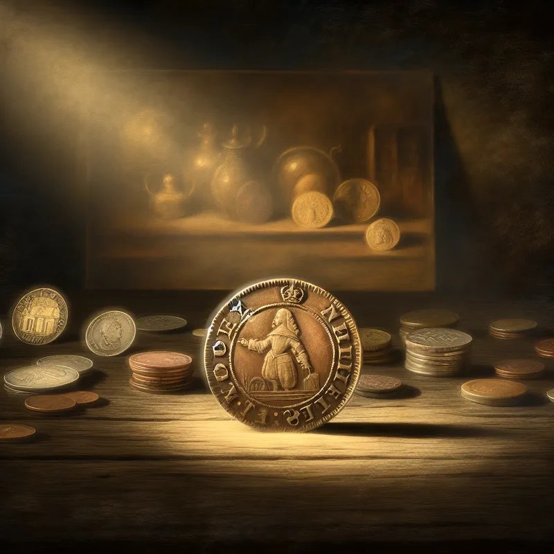 Een oude Nederlandse schelling munt op een rustieke houten tafel tussen andere vintage munten, verlicht in zacht diffuus licht.