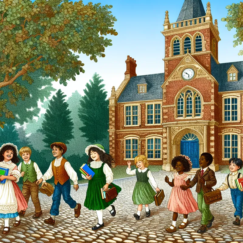 Schilderachtige scène van een historische school met kinderen die naar binnen gaan