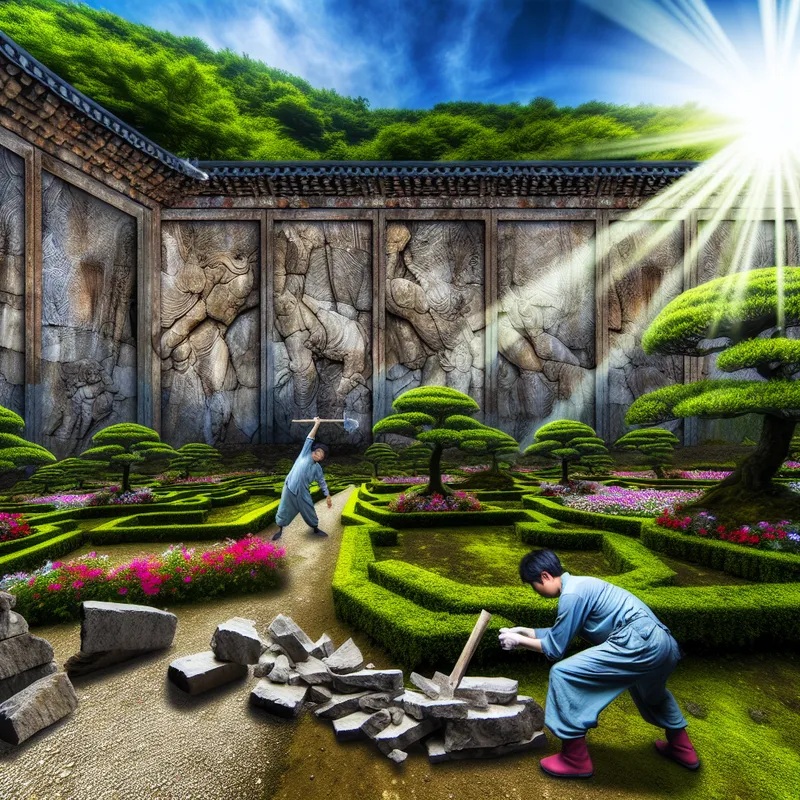 Een robuuste stenen muur omgeven door een weelderige tuin met een tuinier die stenen gebruikt voor een pad.