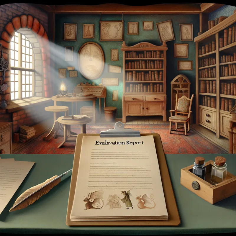 Een oude studeerkamer met houten boekenplanken, een open evaluatierapport op een rustieke desk, verlicht door zonlicht door het raam.