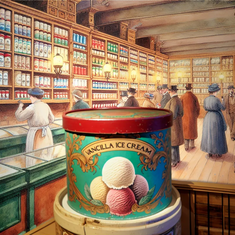 Een oude supermarktgang met kleurrijke ijsemmers, inclusief een prominent getoonde vanille-emmer met vintage detail.