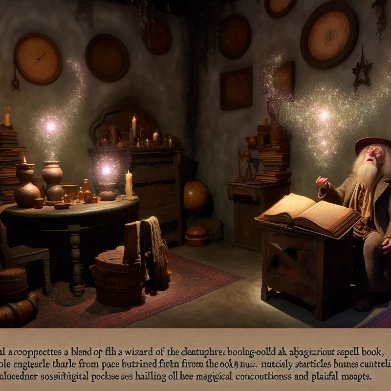 Een oude tovenaar zit aan een houten tafel met een open toverboek, omringd door leergebonden boeken, terwijl hij een spreuk reciteert en magische vonken uit de pagina's opstijgen in een sfeervolle kamer.