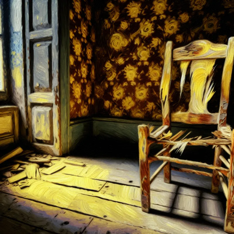 Oude, verrotte houten stoel in een schemerige kamer met vervaagde bloempatronen op de muur