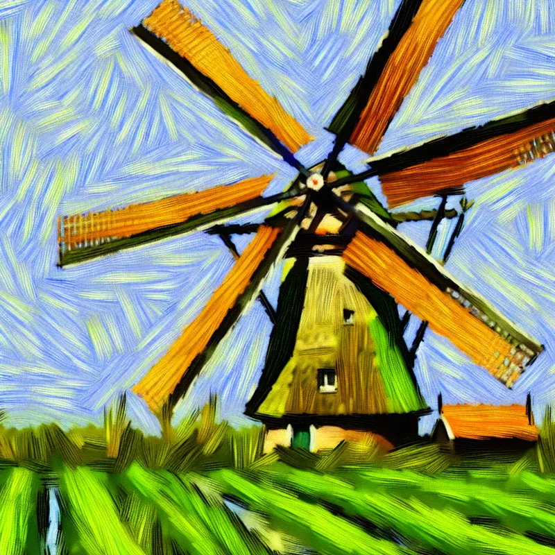 Een oude windmolen omringd door groene velden met zichtbare spaken van het wiel