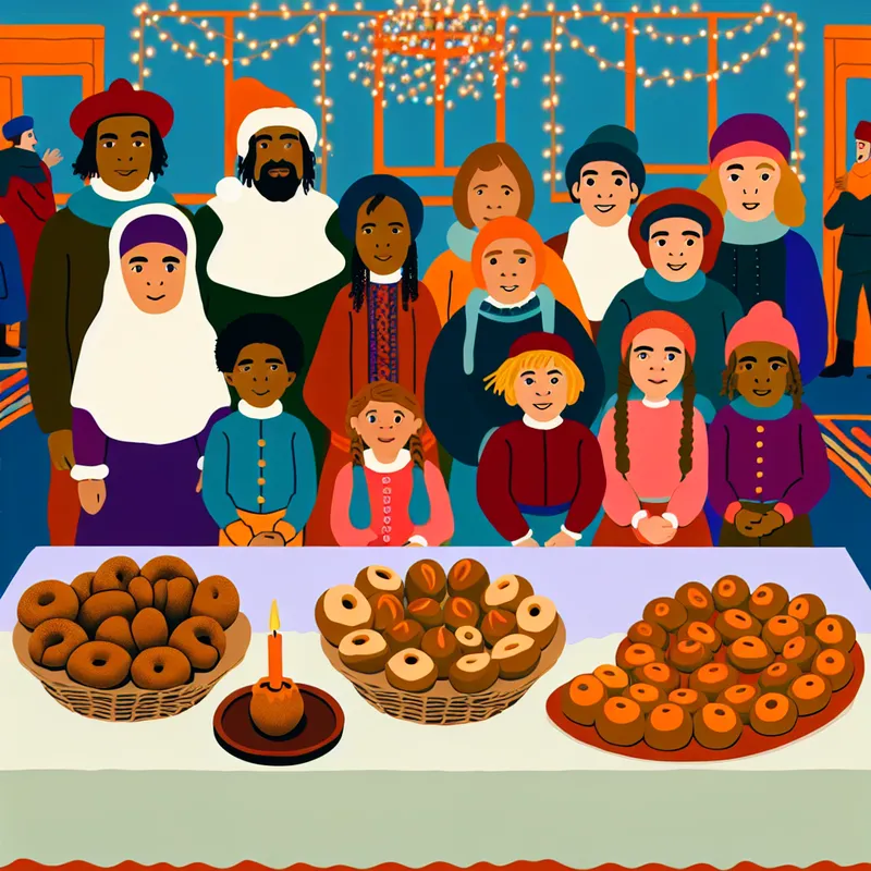 Feestelijke Oudejaarsavond met een tafel vol traditionele oliebollen in Nederland, omringd door feestvierende kinderen en volwassenen.