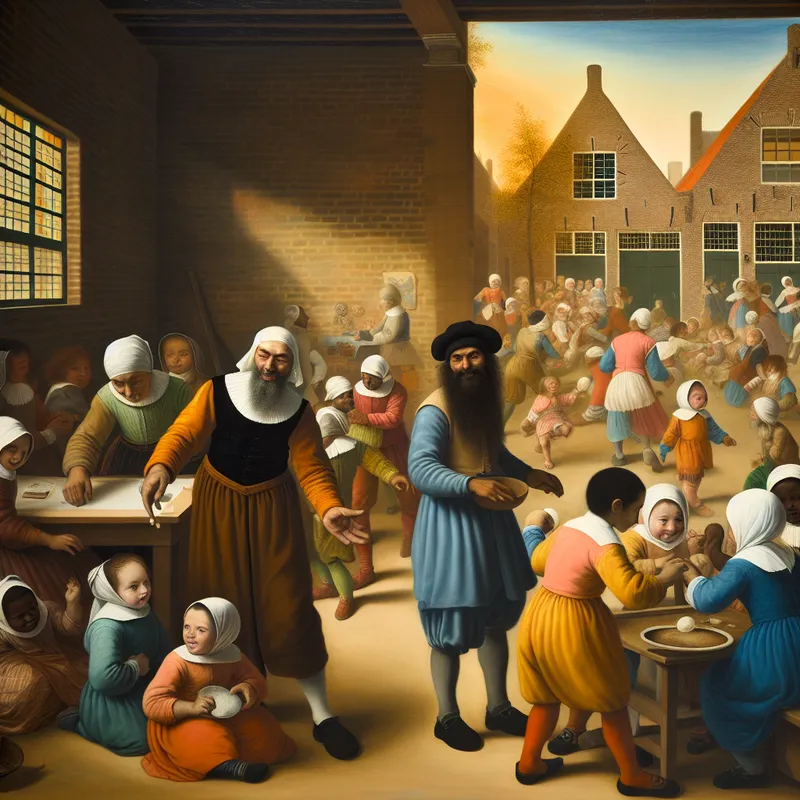 Ouder helpt kinderen in een schoolplein met kunst en sportactiviteiten.